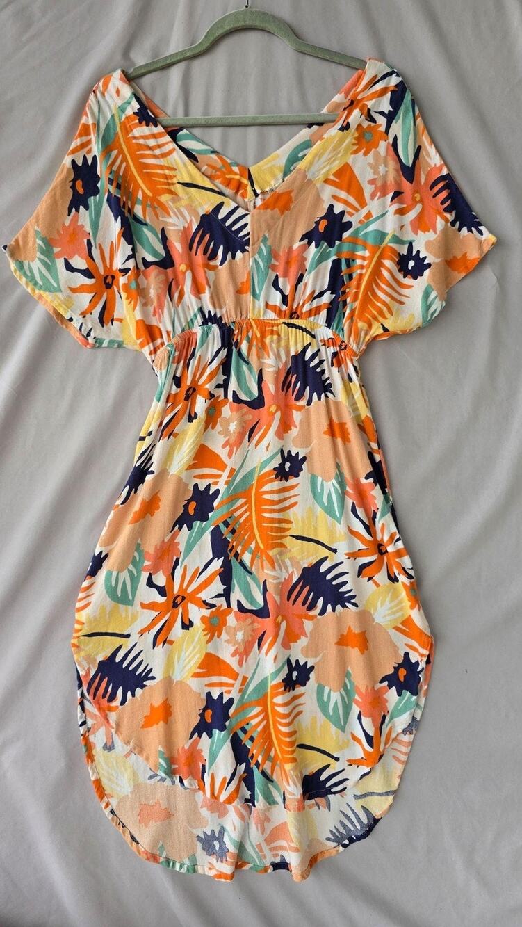 Roxy Dress Womens Small Multicolor Tropical Floral Kimono Sleeve Sundress V Neck